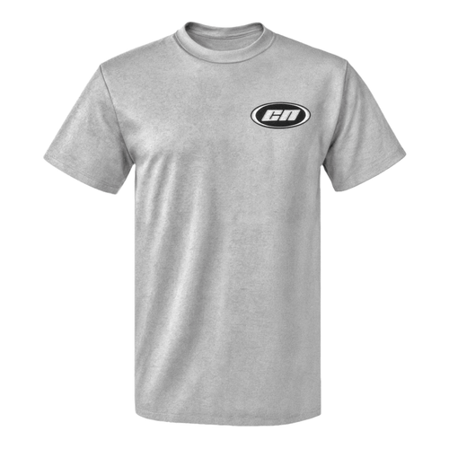 Crewneck Cotton T-Shirt – Classic Fit, Marl Grey with embroidered Club Neo logo on a grey background.