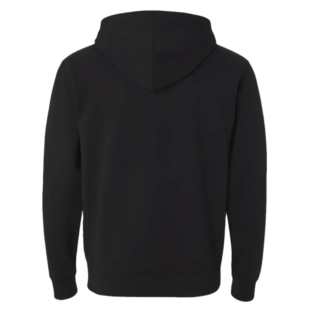 Pullover Hoodie – Soft Lightweight Fleece, Black, back view showing lined hood and ribbed cuffs.
