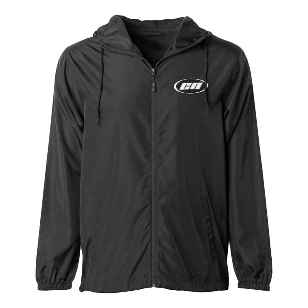 Lightweight black windbreaker jacket with hood, embroidered Club Neo logo, and adjustable cords for a comfortable fit.