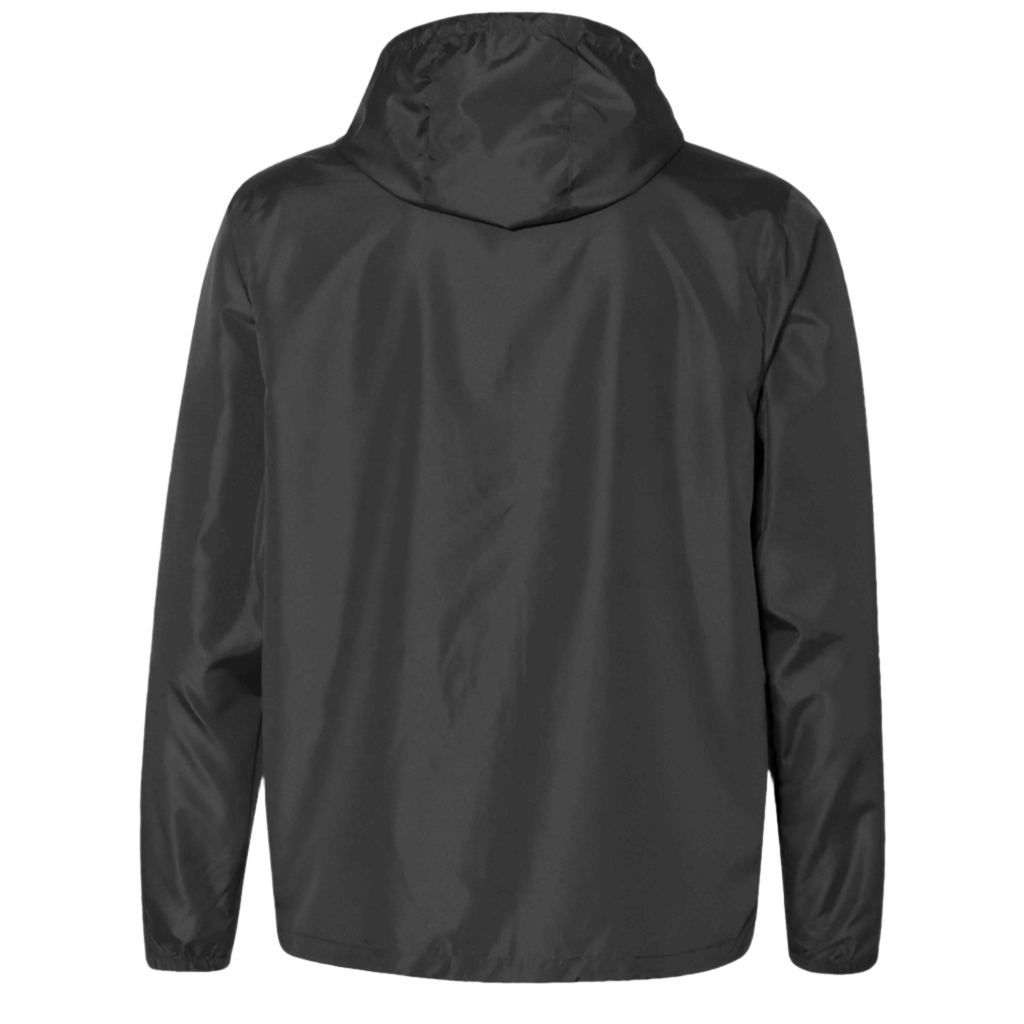 Back view of lightweight black windbreaker jacket with hood and elasticated cuffs, showcasing a sleek design.