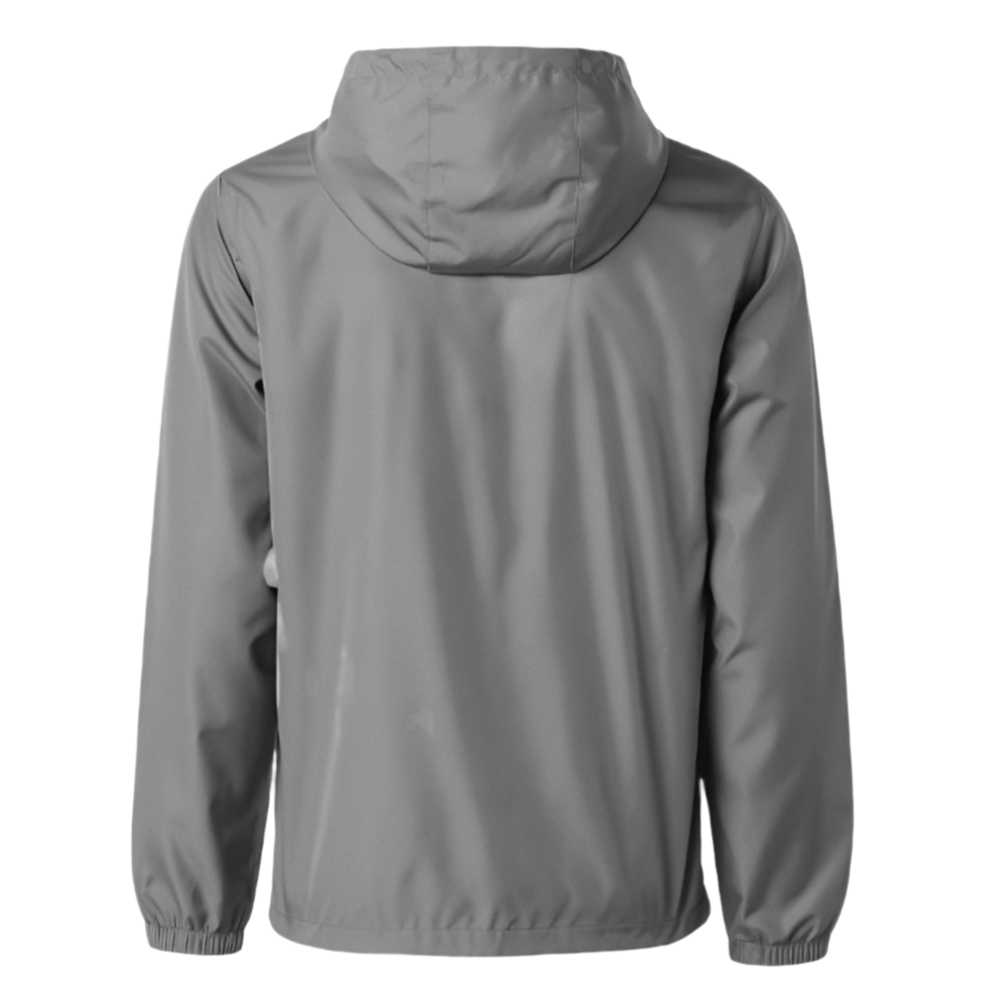 Back view of a lightweight, breathable grey windbreaker jacket with a hood.