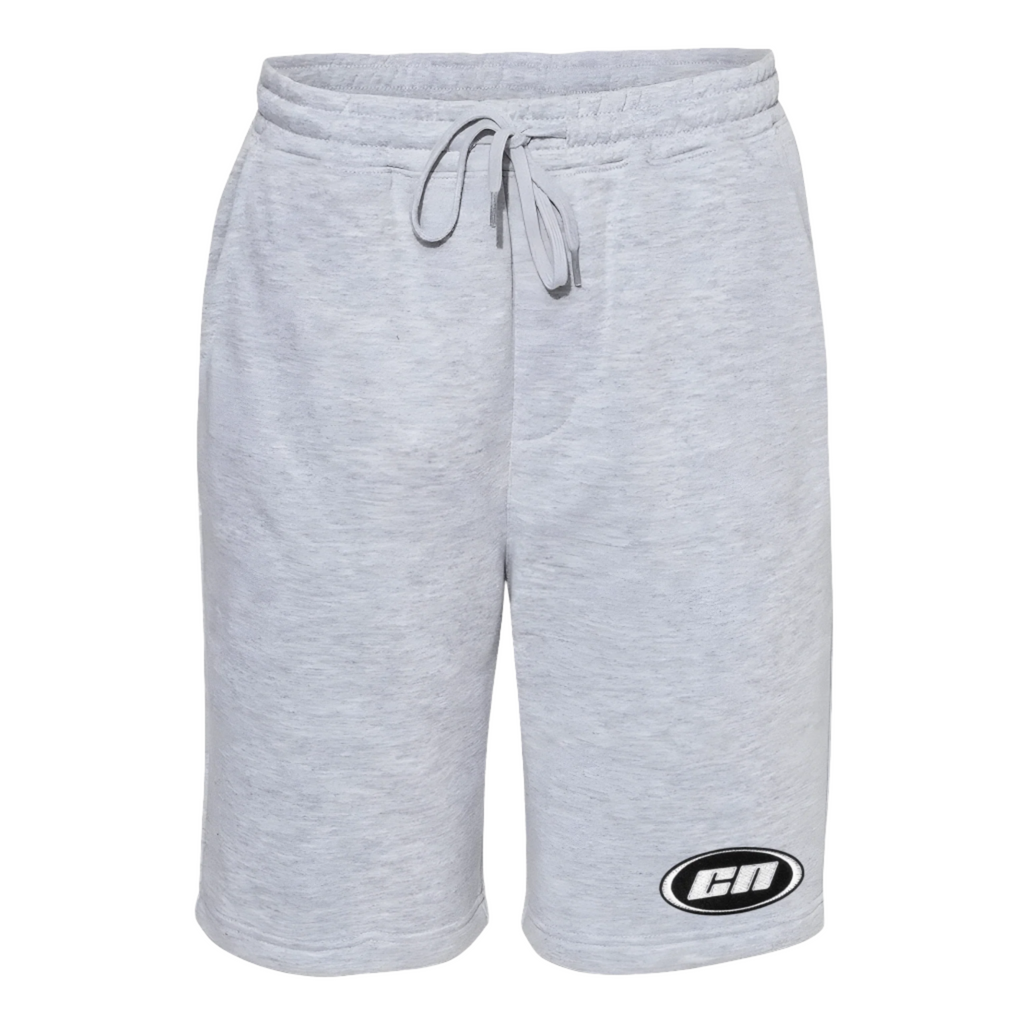 Soft marl grey fleece shorts with adjustable drawstrings and embroidered logo, perfect for casual wear.