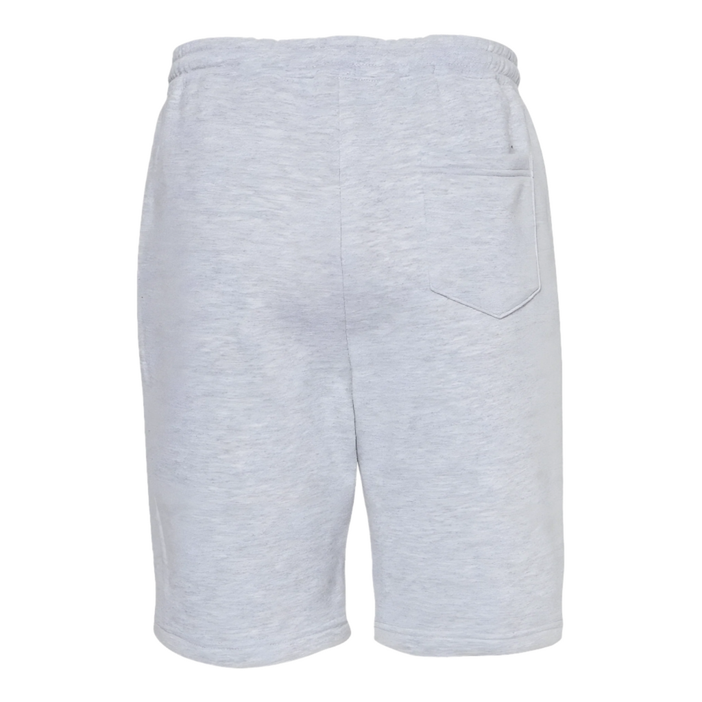 Back view of marl grey fleece shorts with high-rise elastic waistband and side pockets.