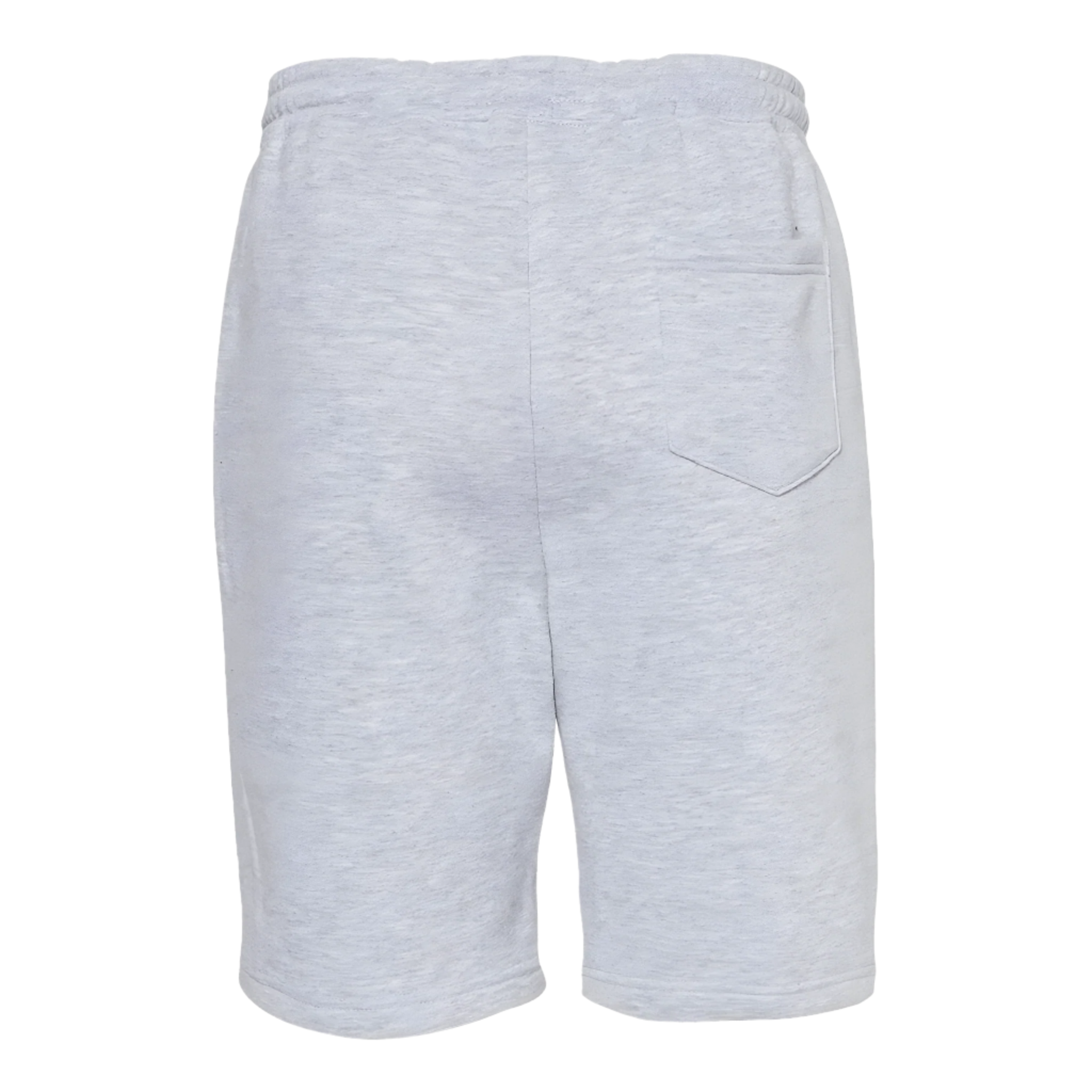 Back view of marl grey fleece shorts with high-rise elastic waistband and side pockets.
