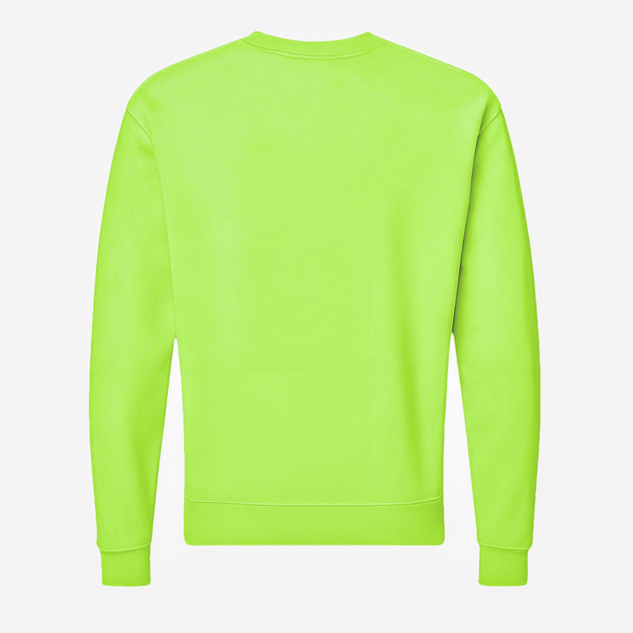 Back view of Crewneck Sweater – Lightweight Fleece, Neon Green, showcasing its vibrant color and relaxed fit.