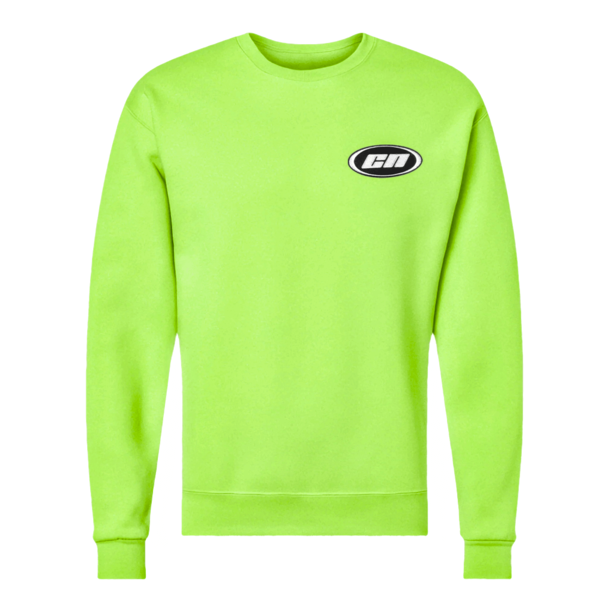 Crewneck Sweater – Lightweight Fleece, Neon Green, featuring embroidered Club Neo logo patch.