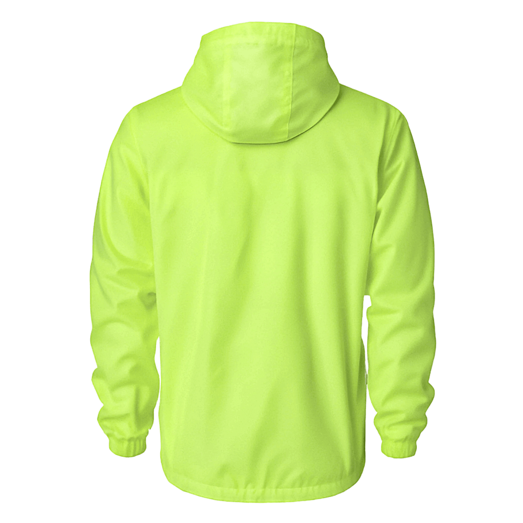 Back view of a lightweight neon lime windbreaker jacket with a hood and elasticated cuffs.