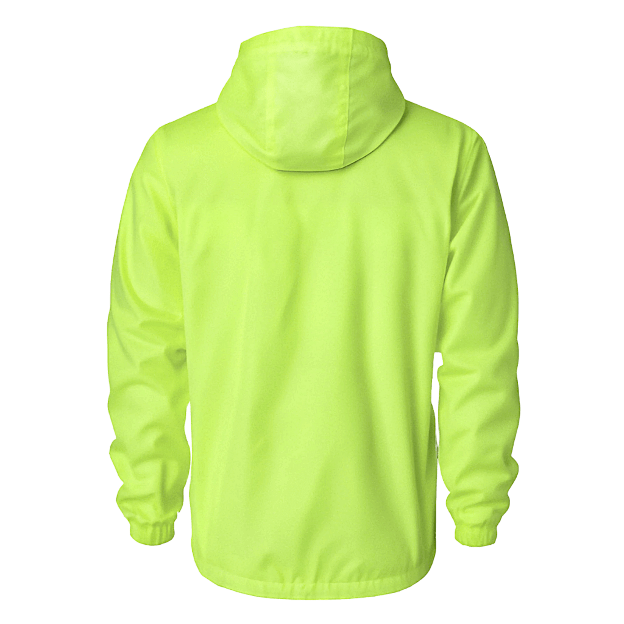 Back view of a lightweight neon lime windbreaker jacket with a hood and elasticated cuffs.