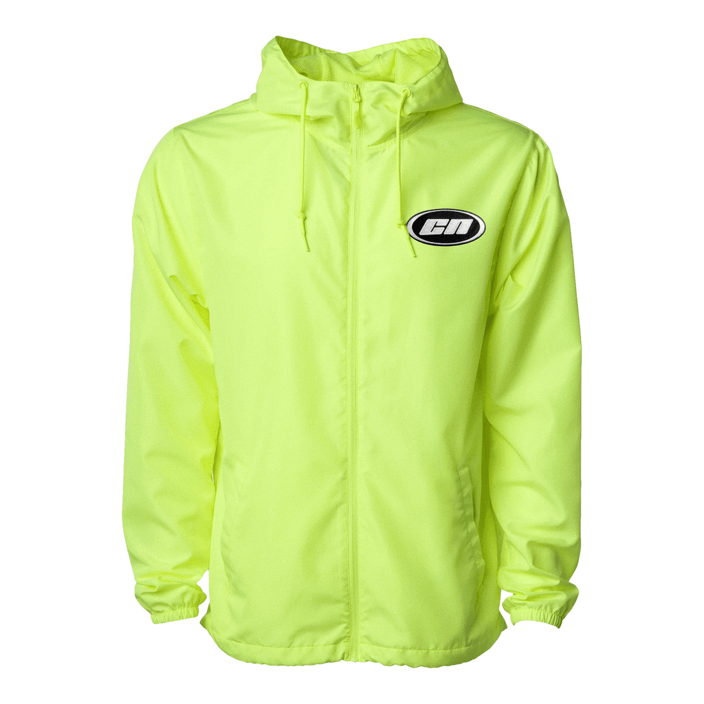Lightweight Windbreaker – Breathable Hooded Jacket, Neon Lime, featuring a hood and Club Neo logo on a bright neon background.
