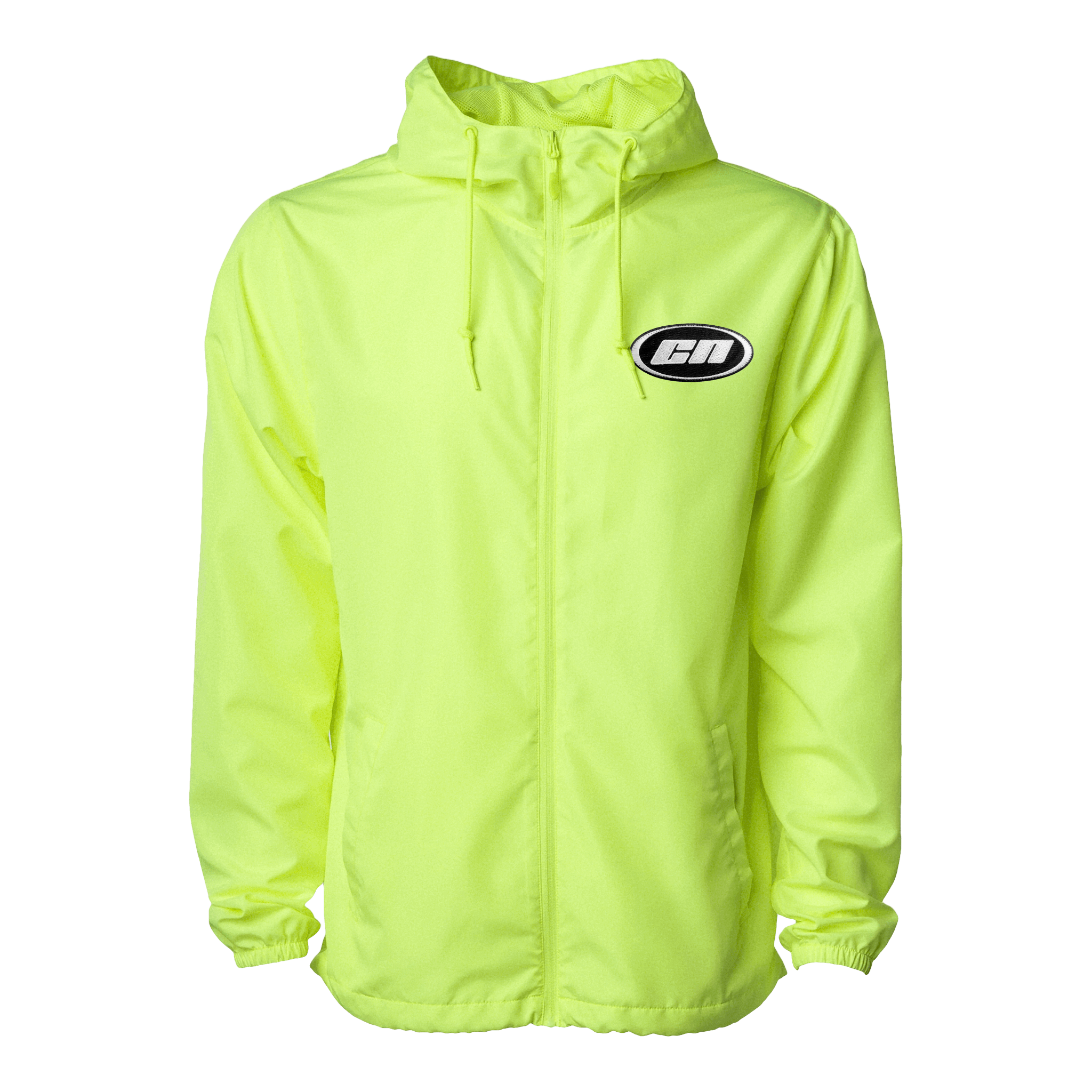 Lightweight Windbreaker – Breathable Hooded Jacket, Neon Lime, featuring a hood and Club Neo logo on a bright neon background.