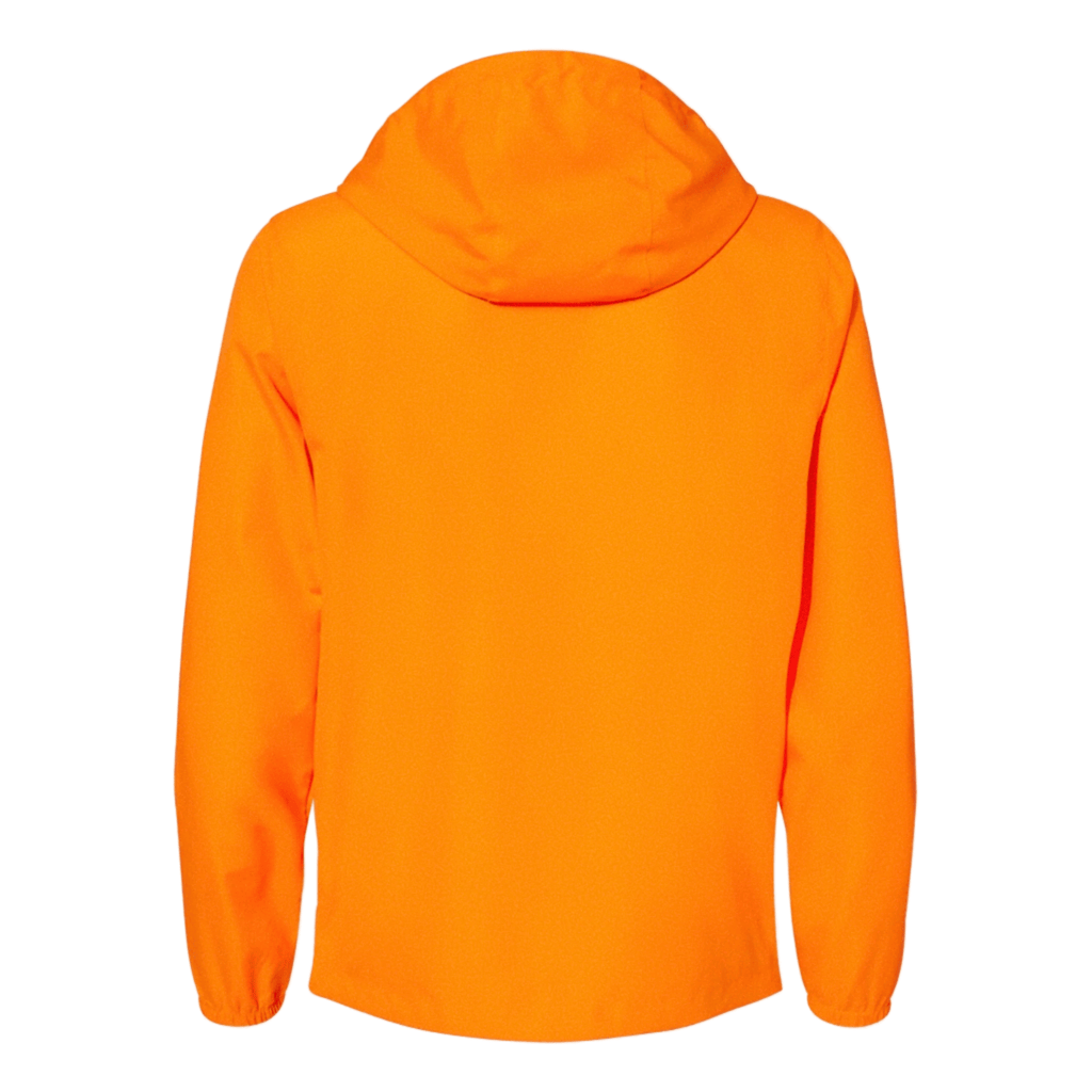Back view of lightweight neon orange windbreaker jacket with hood, elastic cuffs, and water-resistant fabric.