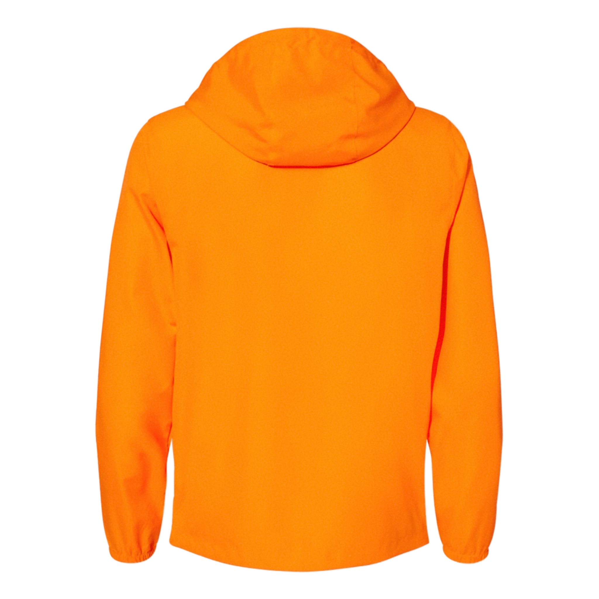 Back view of lightweight neon orange windbreaker jacket with hood, elastic cuffs, and water-resistant fabric.