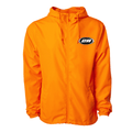 Lightweight neon orange windbreaker jacket with hood and embroidered logo, ideal for breathable and water-resistant wear.