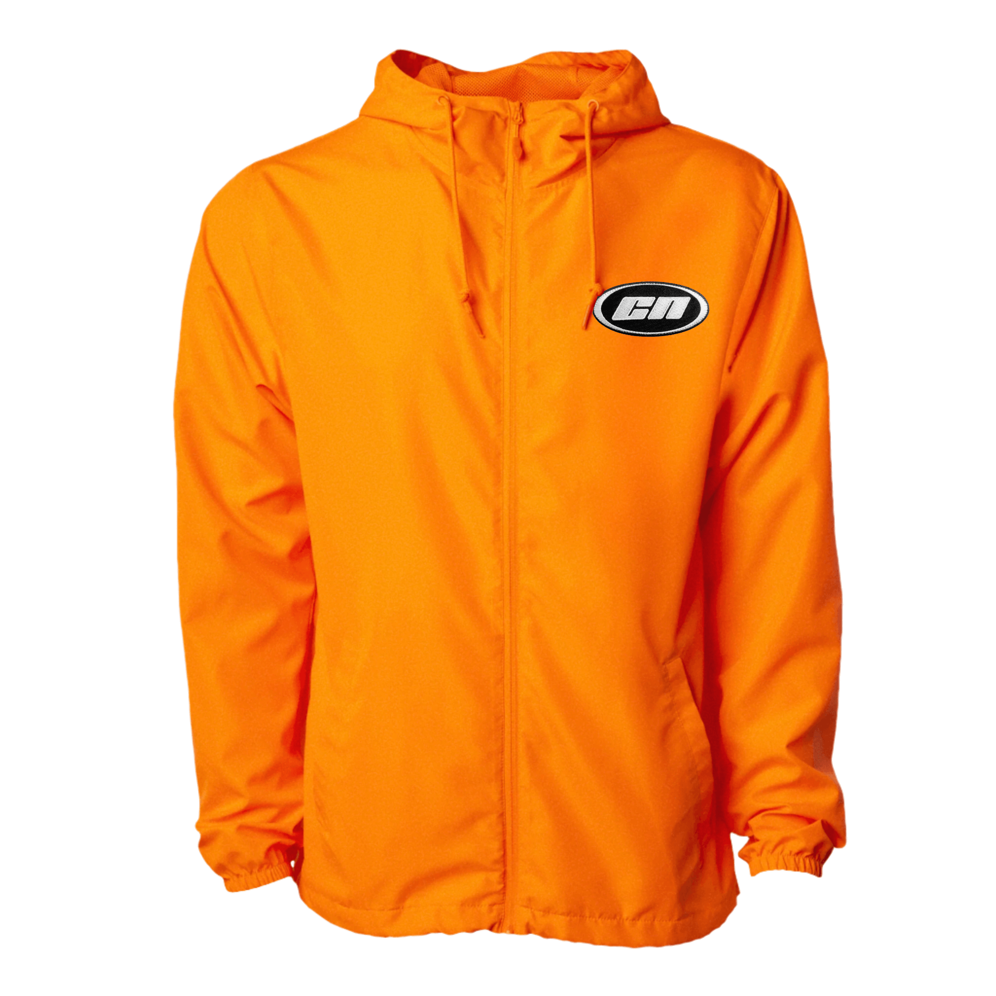 Lightweight neon orange windbreaker jacket with hood and embroidered logo, ideal for breathable and water-resistant wear.