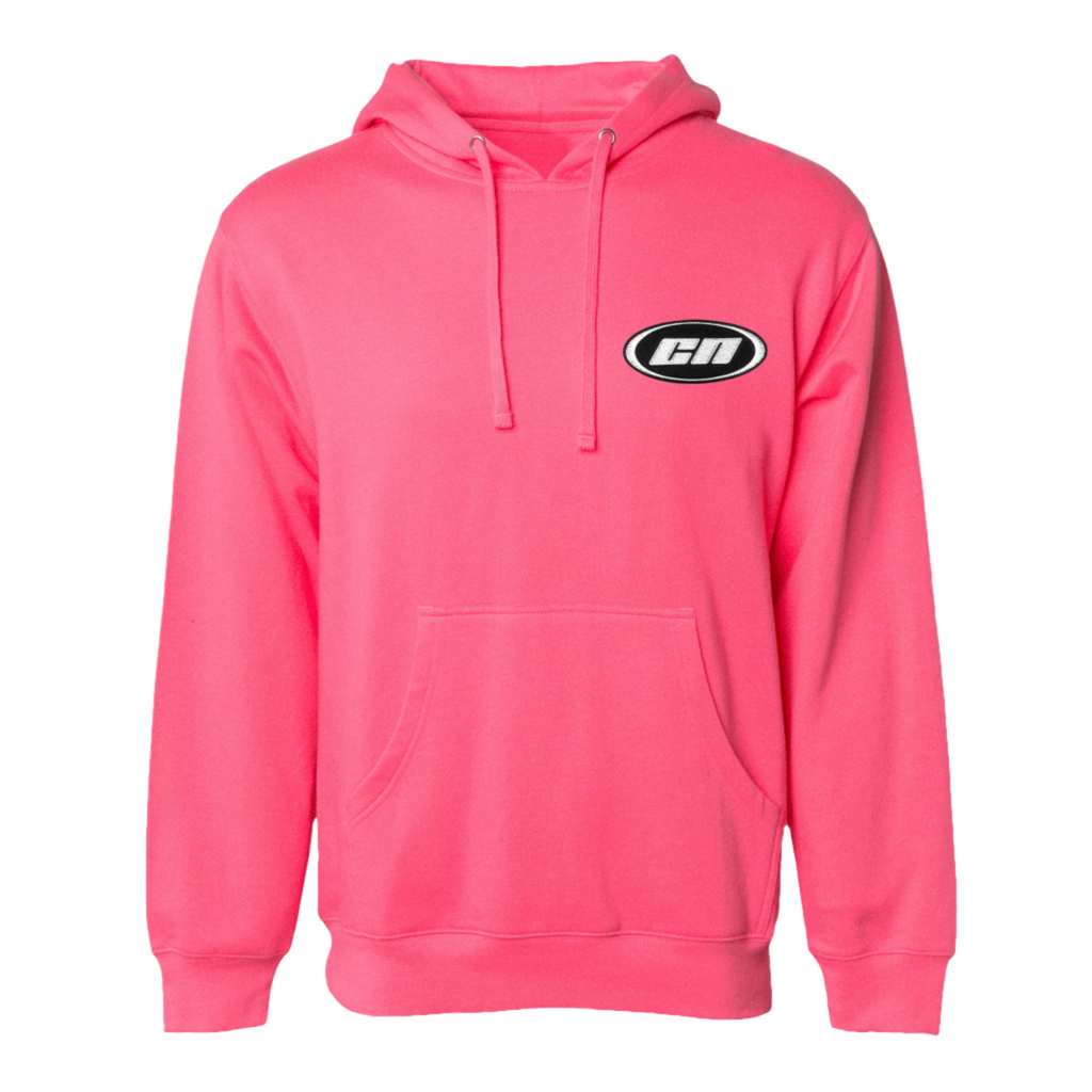 Pullover Hoodie – Soft Lightweight Fleece, Neon Pink with embroidered logo and kangaroo pouch.