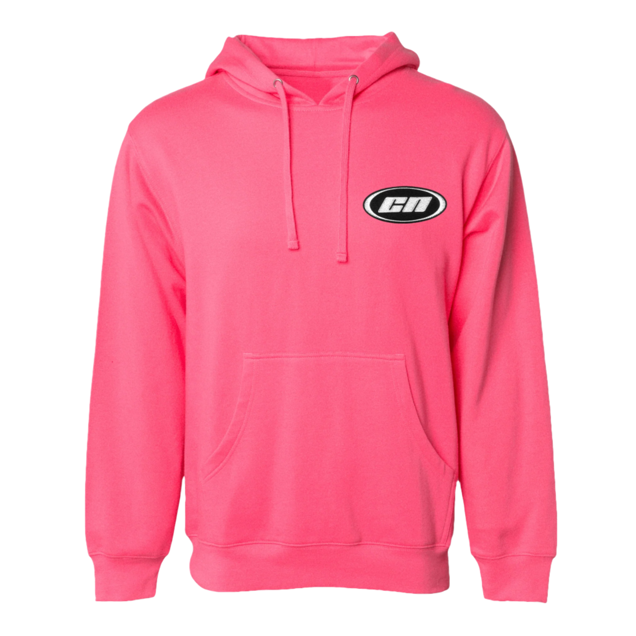 Pullover Hoodie – Soft Lightweight Fleece, Neon Pink with embroidered logo and kangaroo pouch.
