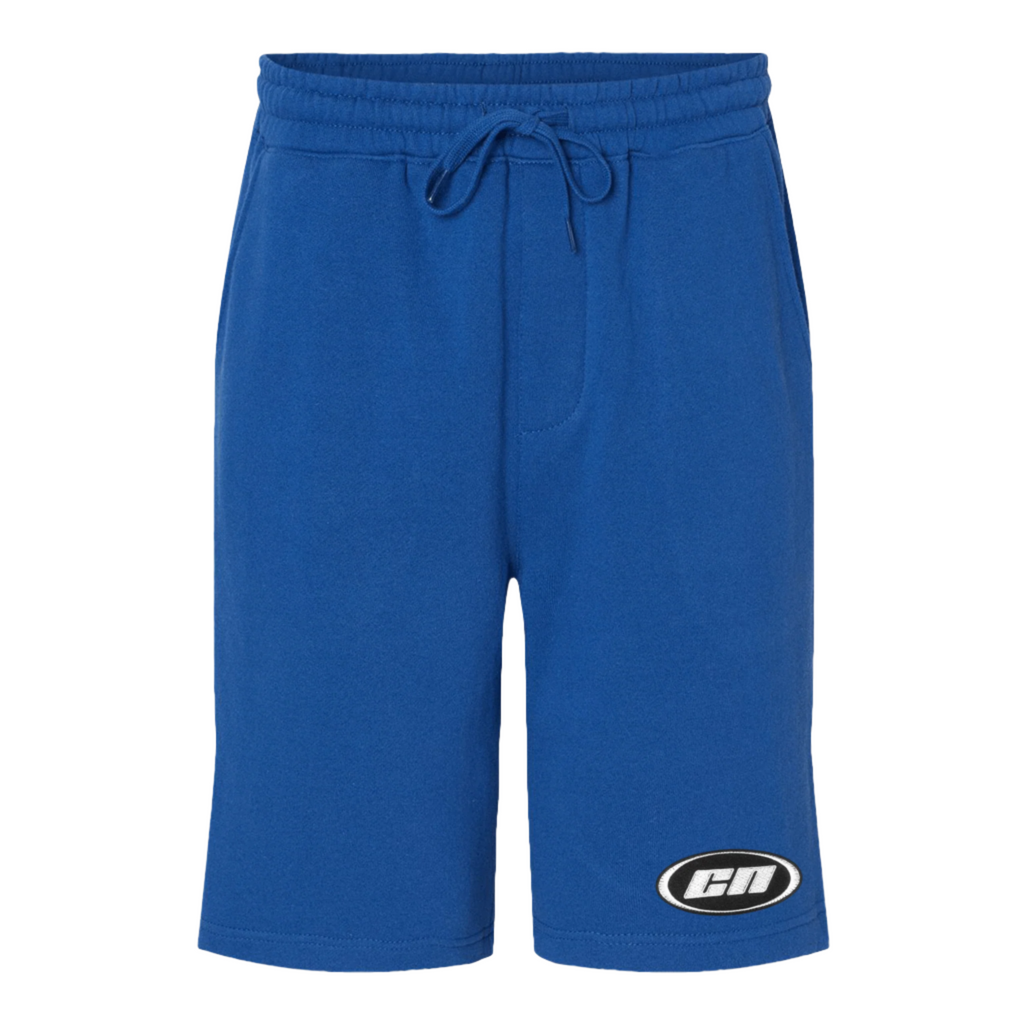 Royal blue fleece shorts with adjustable drawstrings and Club Neo logo patch, perfect for relaxed and casual wear.