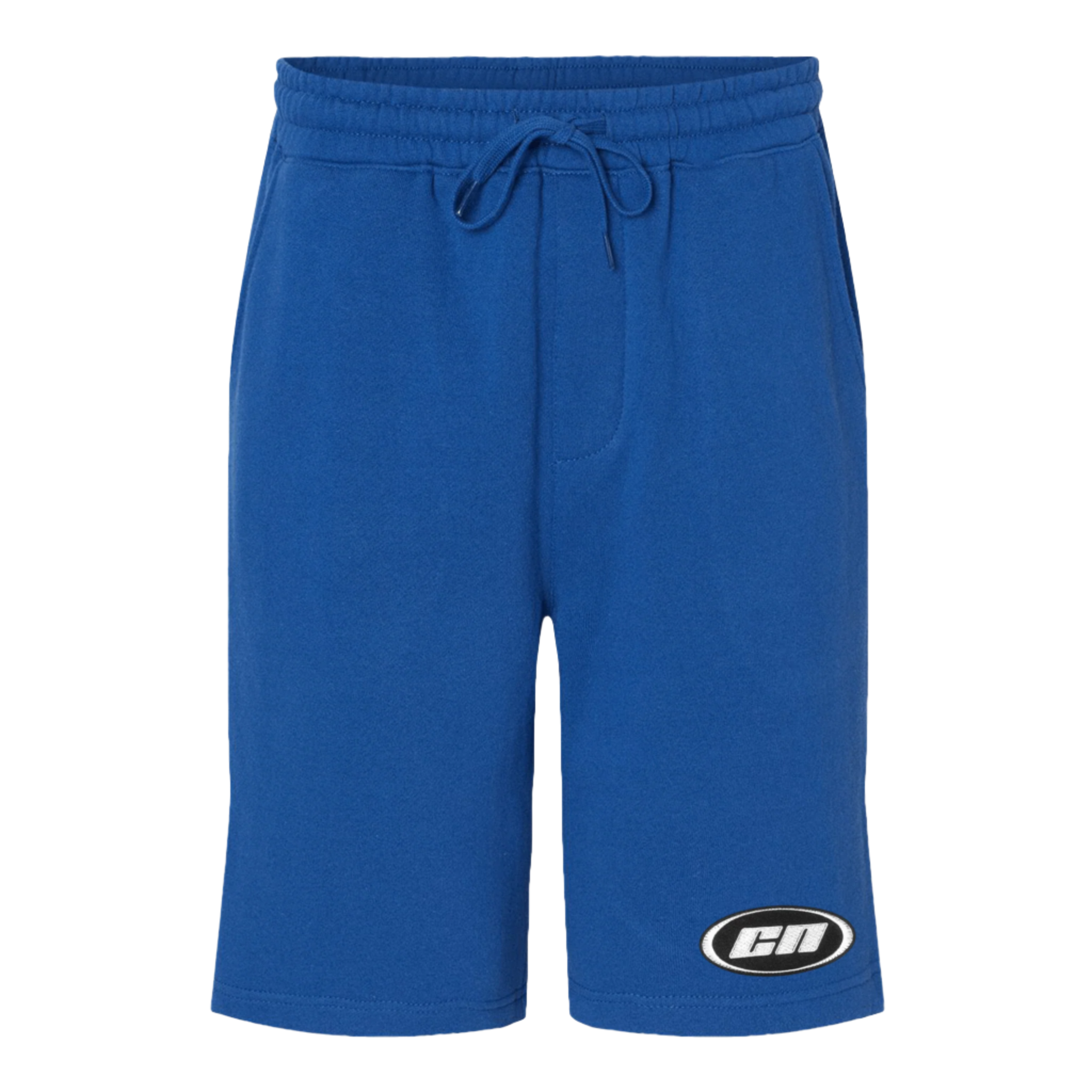 Royal blue fleece shorts with adjustable drawstrings and Club Neo logo patch, perfect for relaxed and casual wear.