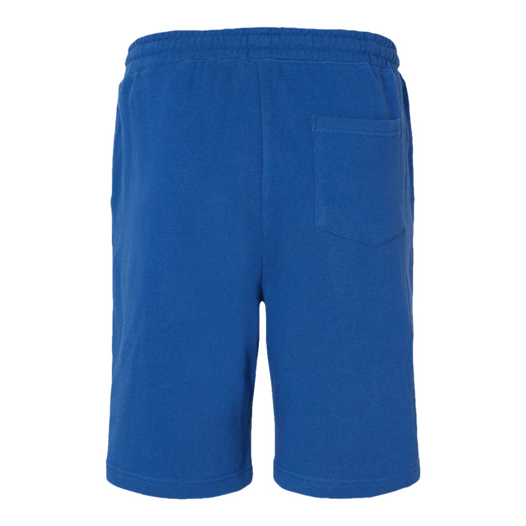 Back view of relaxed fit royal blue fleece shorts with elastic waist and side pockets.