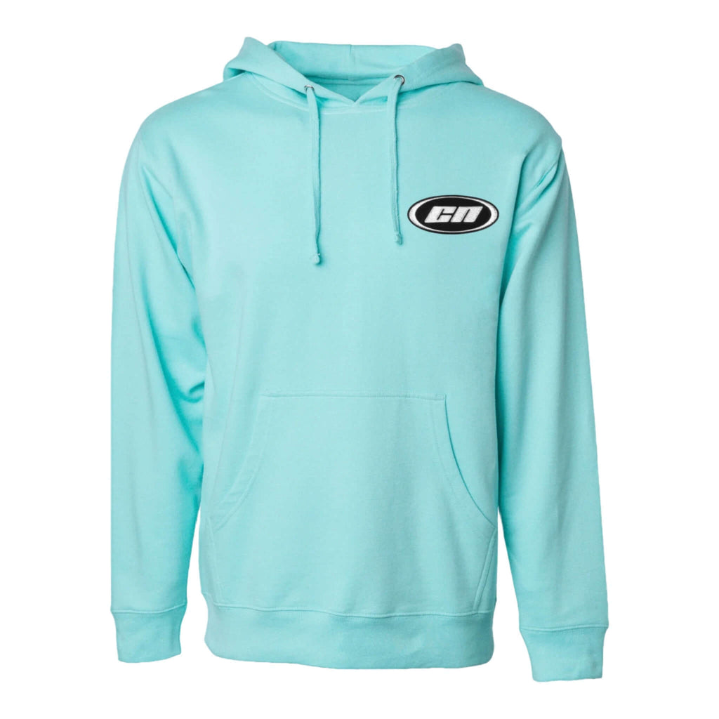 Pullover Hoodie – Soft Lightweight Fleece, Turquoise with front kangaroo pouch and embroidered logo.