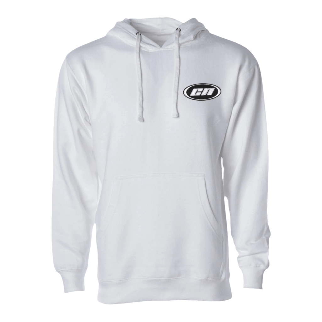 Pullover Hoodie – Soft Lightweight Fleece, White with embroidered Club Neo logo and kangaroo pouch.