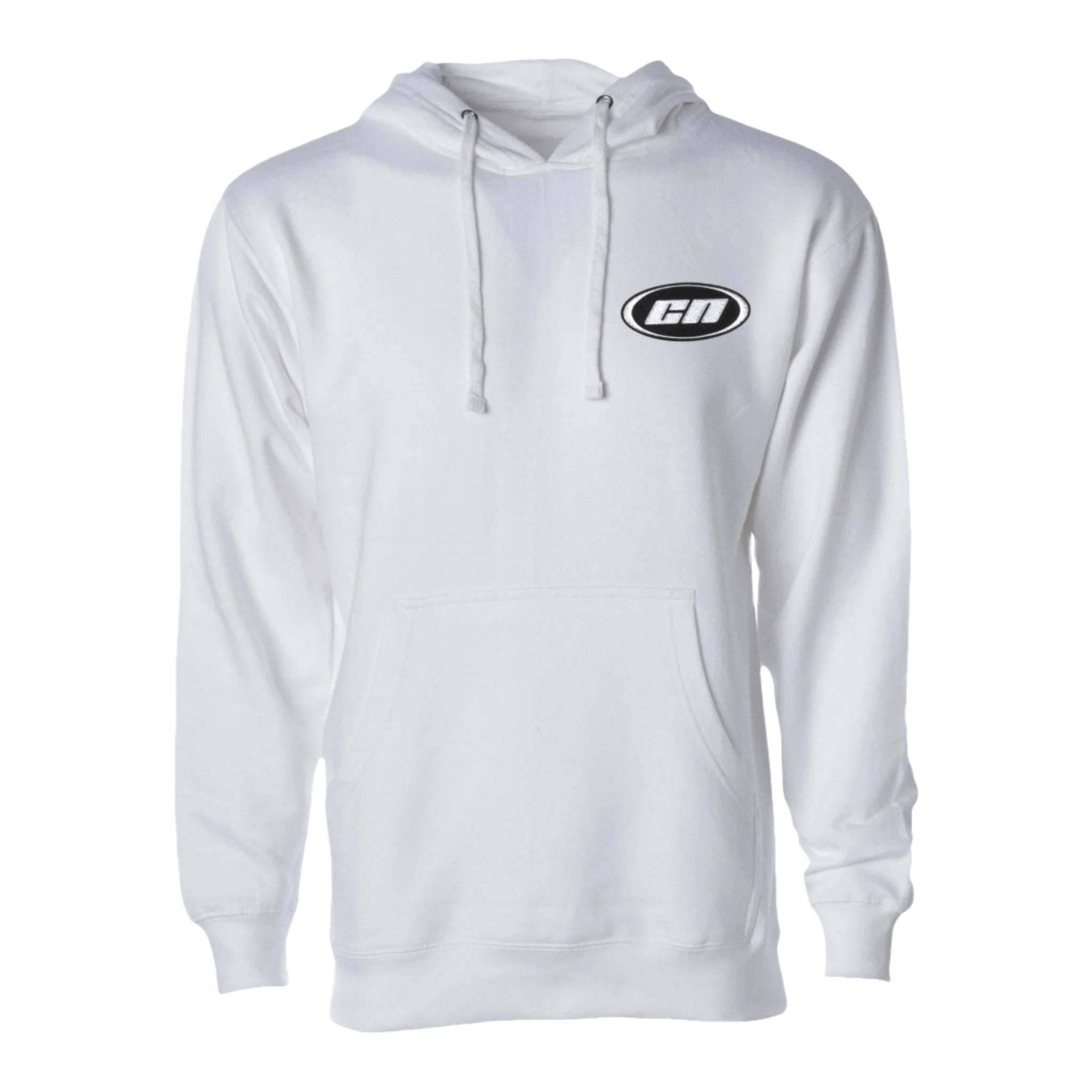 Pullover Hoodie – Soft Lightweight Fleece, White with embroidered Club Neo logo and kangaroo pouch.