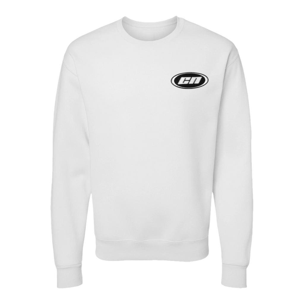 Crewneck Sweater – Lightweight Fleece, White featuring embroidered logo on chest.