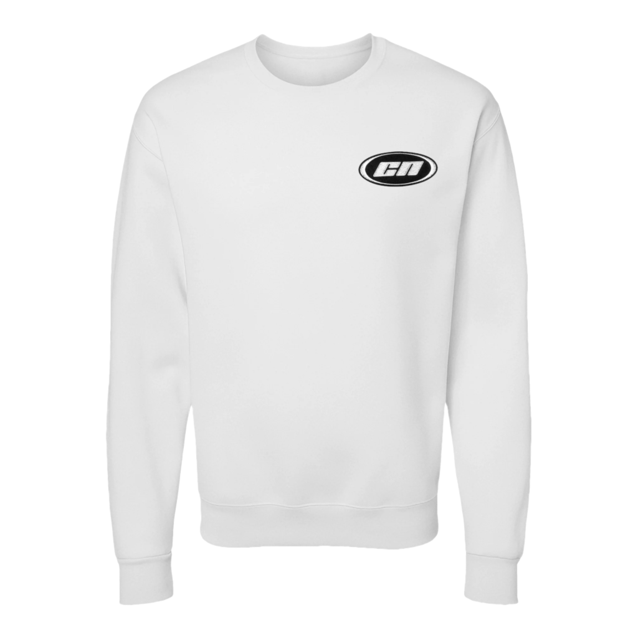 Crewneck Sweater – Lightweight Fleece, White featuring embroidered logo on chest.