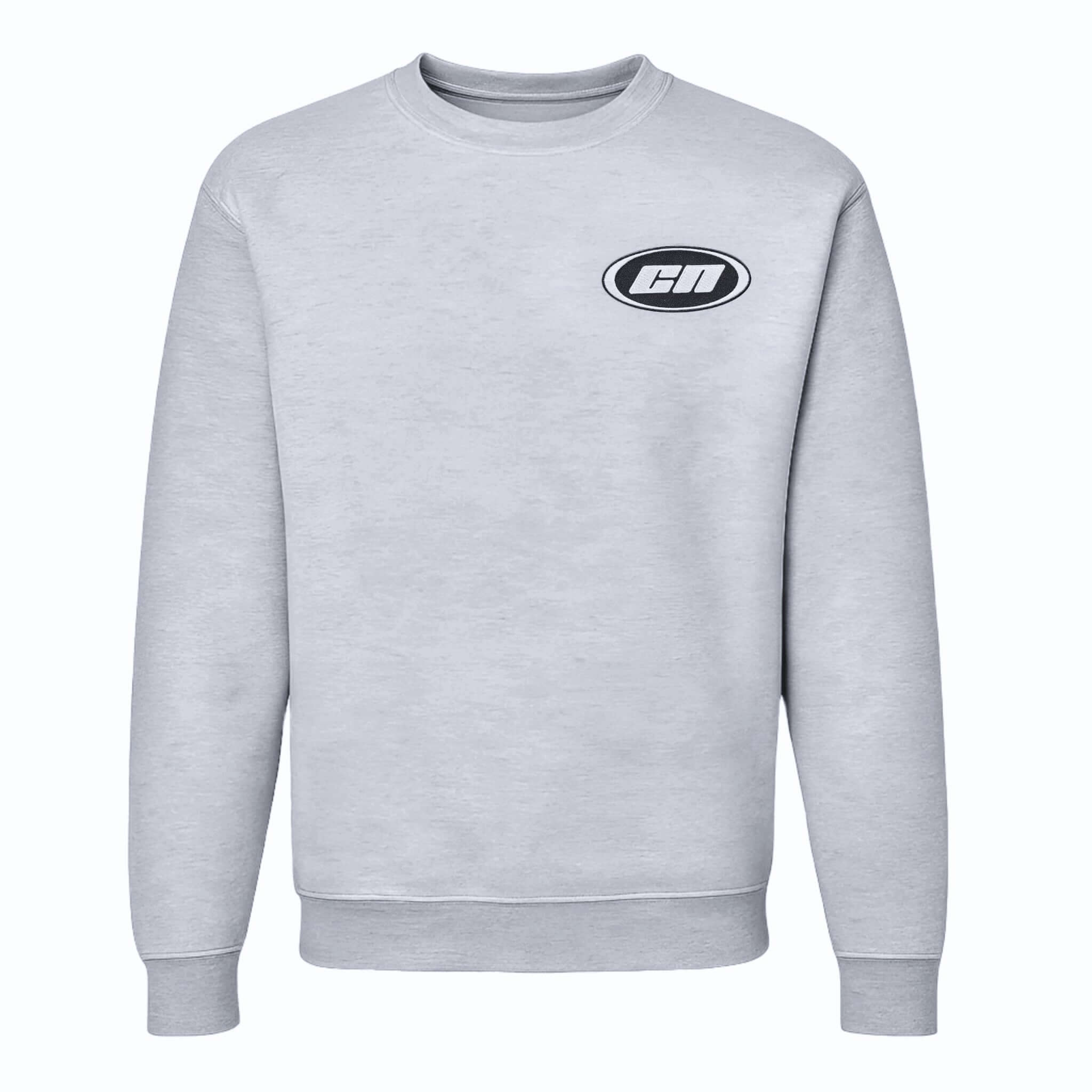 Crewneck Sweater – Lightweight Fleece, Marl Grey, featuring embroidered Club Neo logo on a light grey fabric.