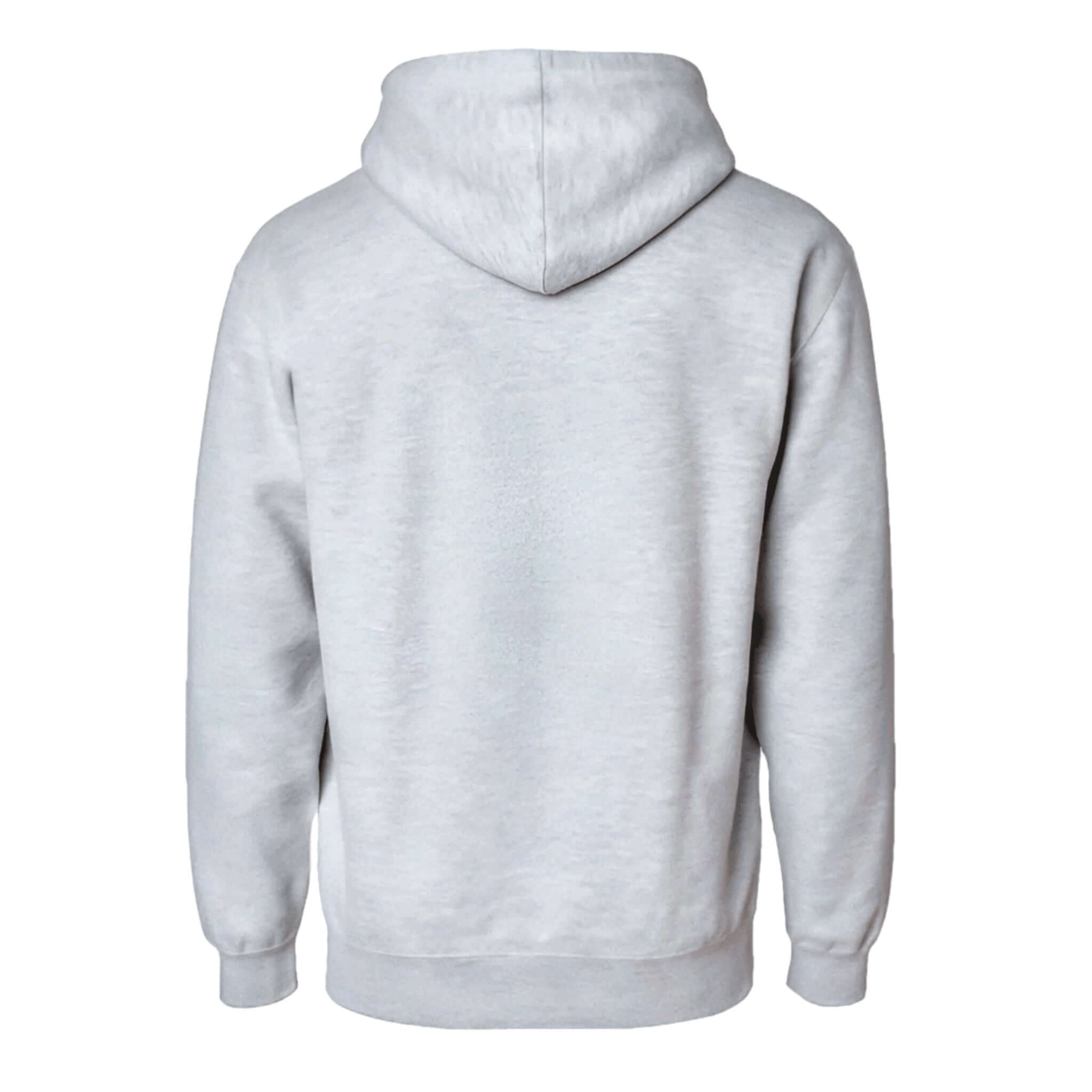 Back view of Pullover Hoodie – Soft Lightweight Fleece, Marl Grey showcasing the hood and ribbed hem.