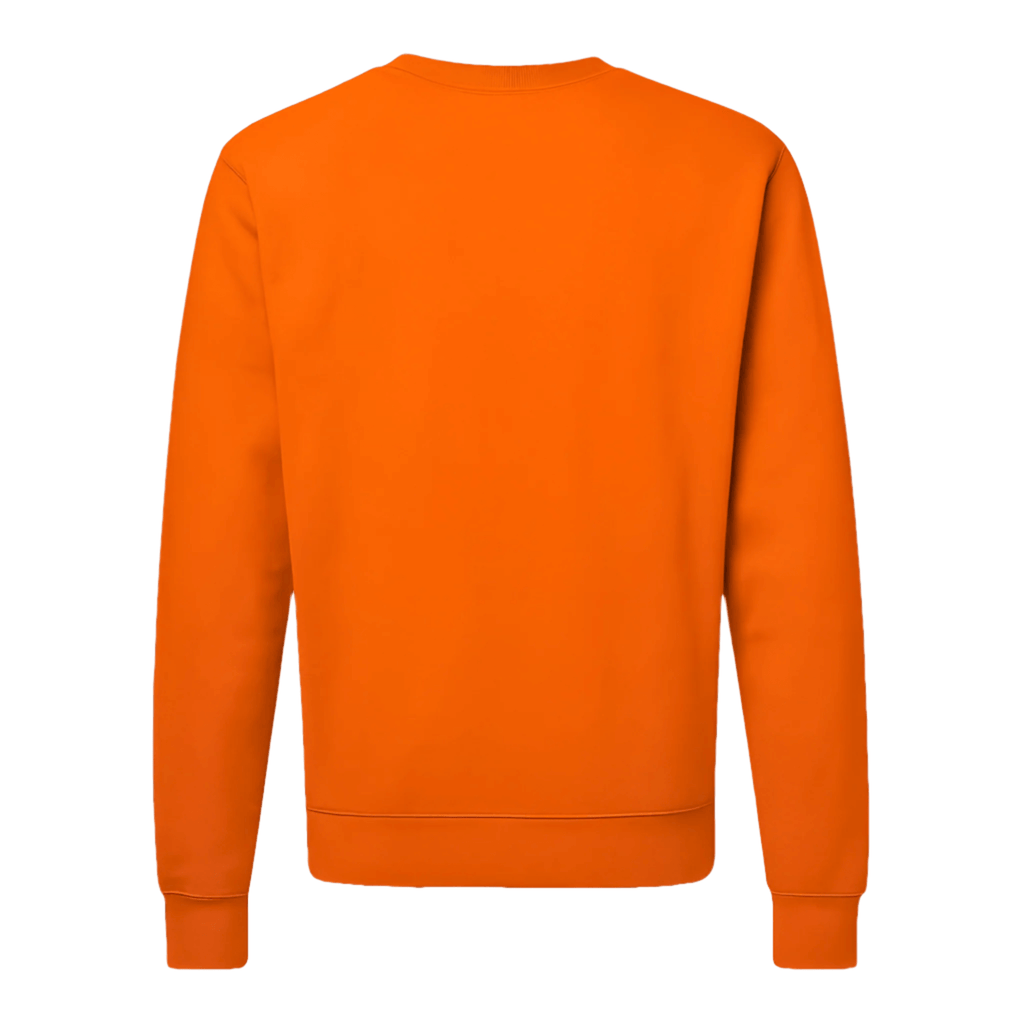 Crewneck Sweater – Lightweight Fleece, Neon Orange back view showing cuffed sleeves and hem design.