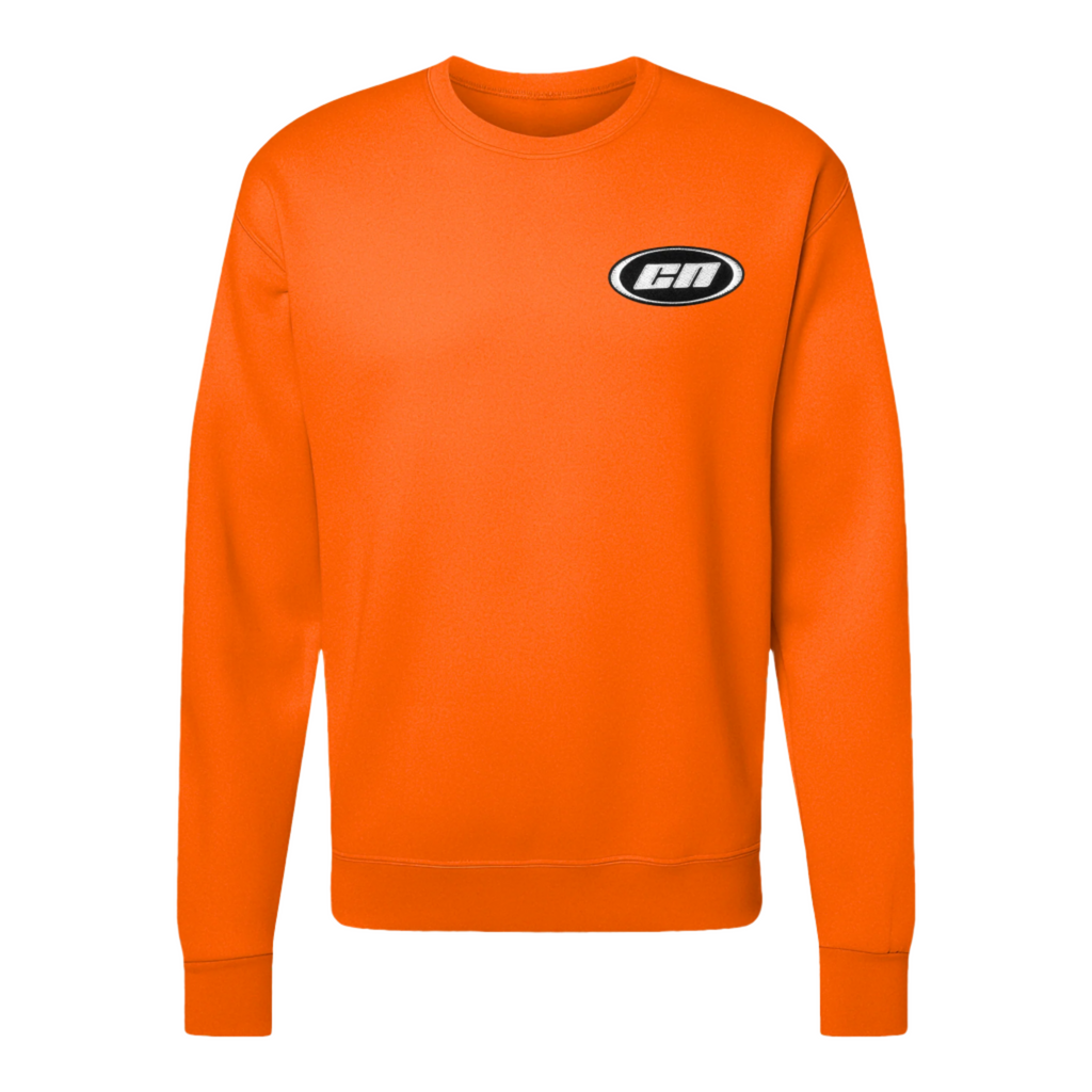 Crewneck Sweater – Lightweight Fleece, Neon Orange with embroidered logo in front.